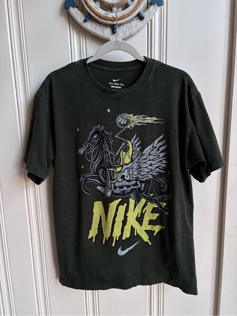 Nike Dark Green Short Sleeve Graphic Tee with Yellow and White Accents Small